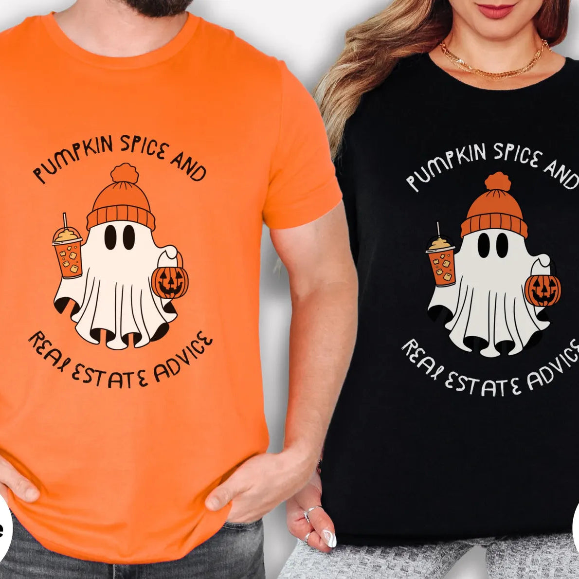 Two people wearing Halloween-themed t-shirts with ghost and pumpkin spice design.