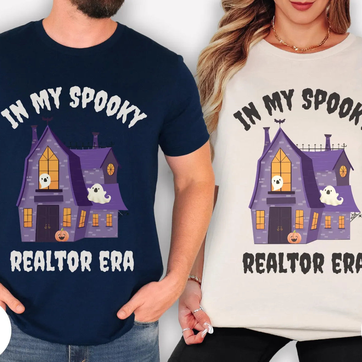 Two people wearing t-shirts with a haunted house graphic and text 'In My Spooky Realtor Era' in navy and natural colors.