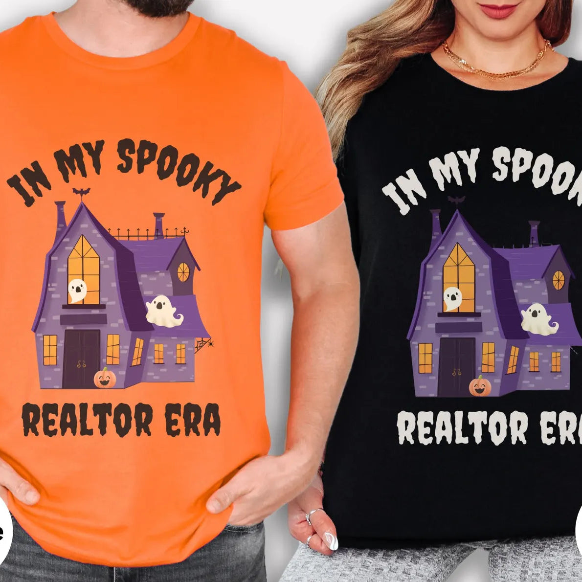 Two people wearing Halloween-themed t-shirts with a haunted house graphic and text.