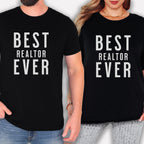A man and a woman wearing black t-shirts with the text "BEST REALTOR EVER" printed on them.
