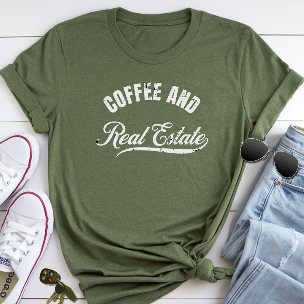 a green t-shirt with the text "COFFEE AND REAL ESTATE" printed on it, along with a pair of sunglasses and a pair of sneakers.