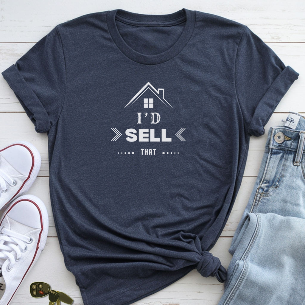 A navy blue t-shirt with a white graphic design and text, along with a pair of jeans and white sneakers, are laid out on a white surface.