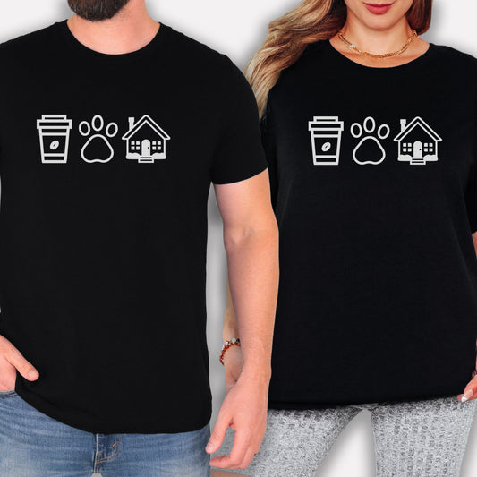 A man and a woman wearing black t-shirts with white icons of a coffee cup and a house paw printed on them.