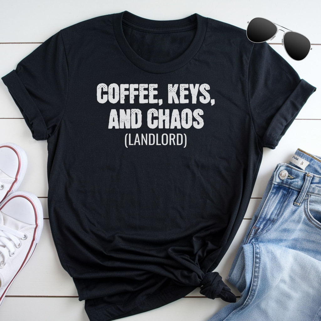 A black t-shirt with white text that says "COFFEE, KEYS, AND CHAOS (LANDLORD)" printed on it.