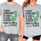 A man and a woman wearing matching t-shirts with a humorous text and clover design.