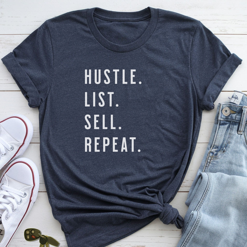 A navy blue t-shirt with the text "HUSTLE. LIST. SELL. REPEAT." printed on it, along with a pair of jeans and white sneakers.