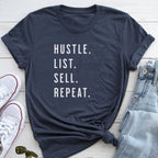 A navy blue t-shirt with the text "HUSTLE. LIST. SELL. REPEAT." printed on it, along with a pair of jeans and white sneakers.