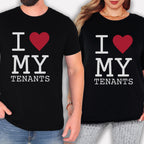 Two people wearing black t-shirts with the text "I ♥ MY TENANTS" printed on them.