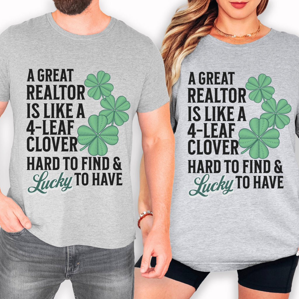 A man and a woman wearing gray t-shirts with a humorous message about realtors and clovers.