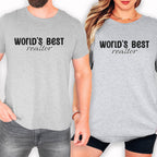 Two people wearing gray t-shirts with the text "WORLD'S BEST REALTOR" printed on them.