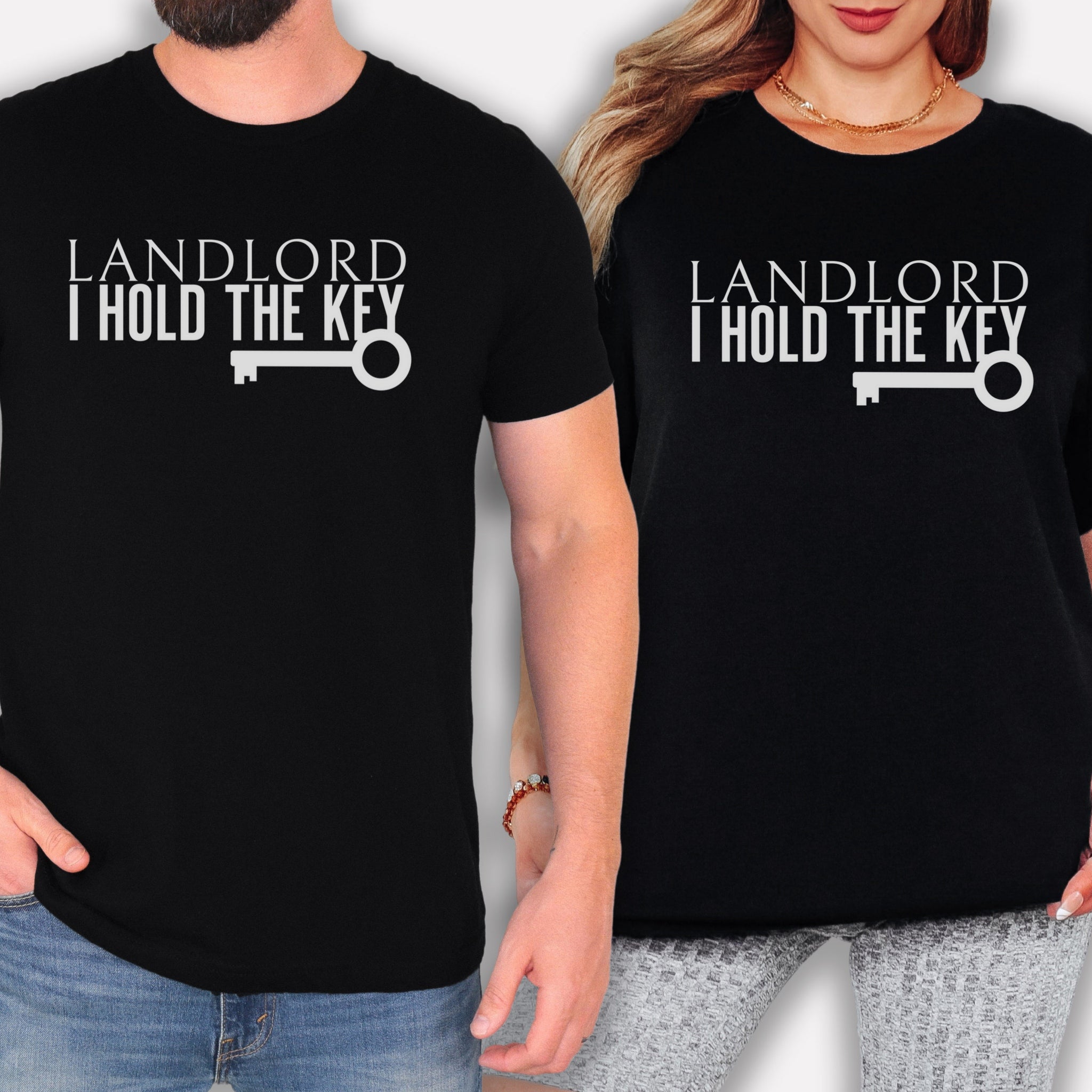 Two people wearing black t-shirts with the text "LANDLORD I HOLD THE KEY" printed on them.