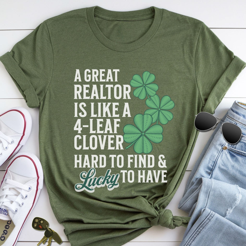 A green t-shirt with a humorous text and clover design, along with a pair of jeans, sunglasses, and a keychain.