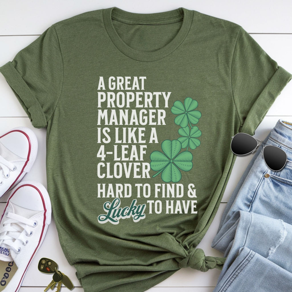 A green t-shirt with a humorous text printed on it, along with a pair of jeans, sunglasses, and a keychain.
