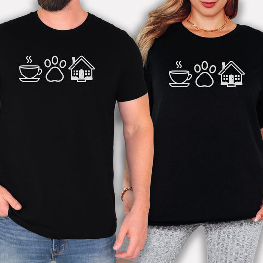 A man and a woman wearing black t-shirts with white icons of a house, a coffee cup, and a dog paw printed on them.
