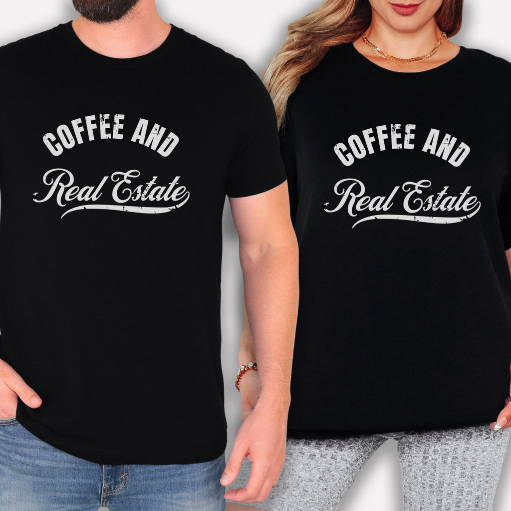 A man and a woman wearing black t-shirts with the text "COFFEE AND REAL ESTATE" printed on them.
