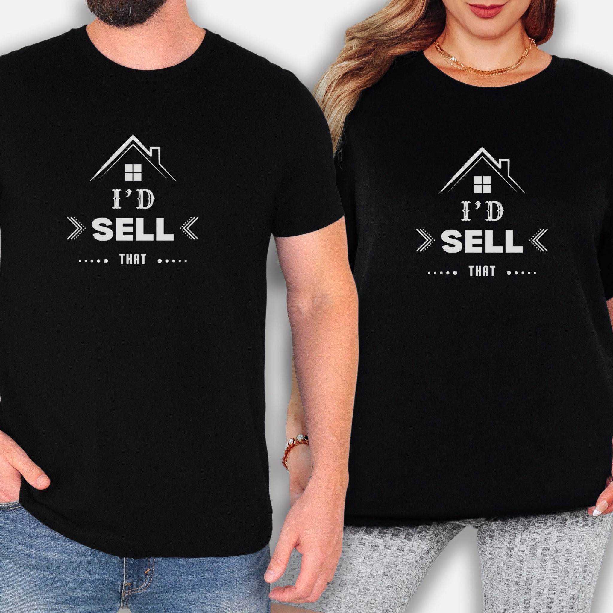 Two people wearing black t-shirts with the text "I'd sell that" printed on them.