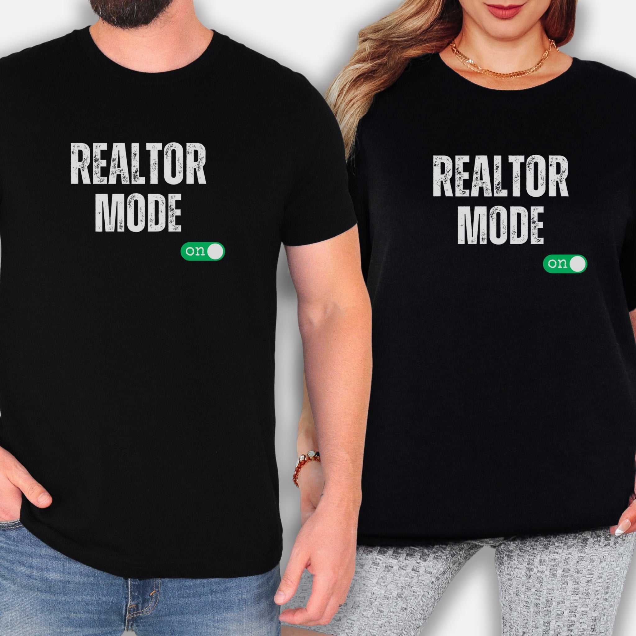 Two people wearing black t-shirts with the text "REALTOR MODE" printed on them.
