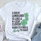 A white t-shirt with a humorous text and clover design printed on it.
