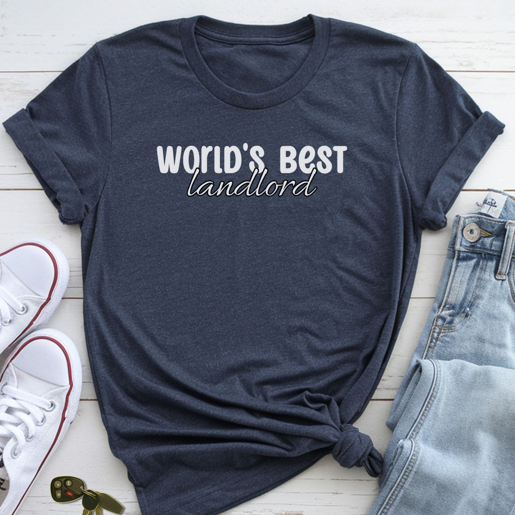 A dark blue t-shirt with the text "WORLD'S BEST landlORD" printed on it, along with a pair of jeans and white sneakers.