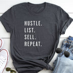 A gray t-shirt with the text "HUSTLE. LIST. SELL. REPEAT." printed on it, along with a pair of jeans and sunglasses.