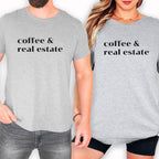 A man and a woman wearing gray t-shirts with the text "coffee & real estate" printed on them.