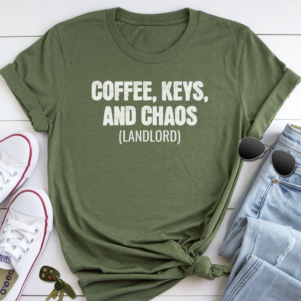 A green t-shirt with the text "COFFEE, KEYS, AND CHAOS (LANDLORD)" printed on it, along with a pair of sunglasses and a pair of sneakers.