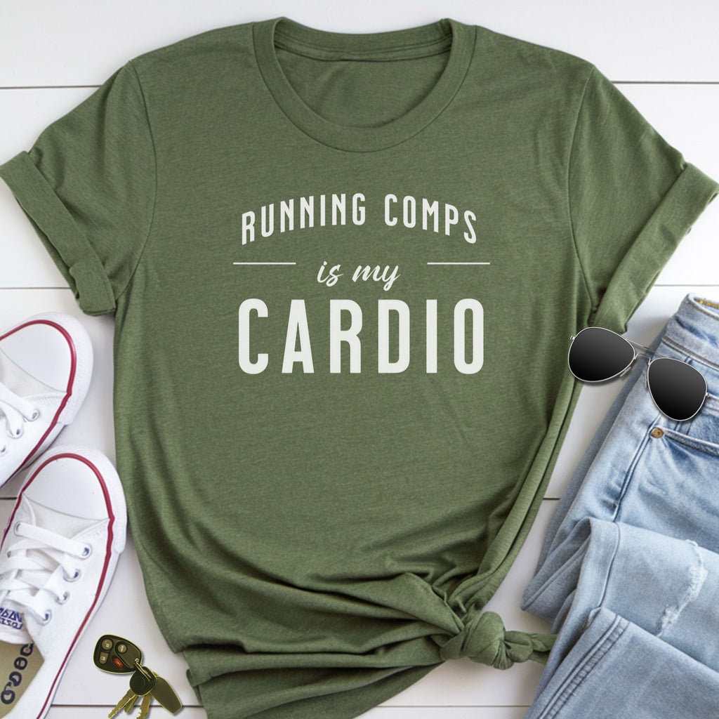 A green t-shirt with the text "RUNNING COMP'S IS MY CARDIO" printed on it, along with a pair of sunglasses and a pair of sneakers.