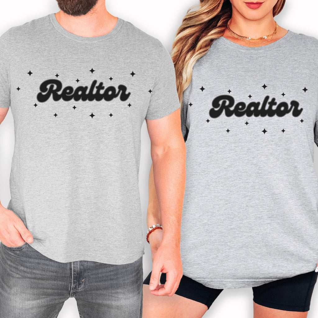 a man and a woman wearing matching gray t-shirts with the word "Realtor" printed on them.