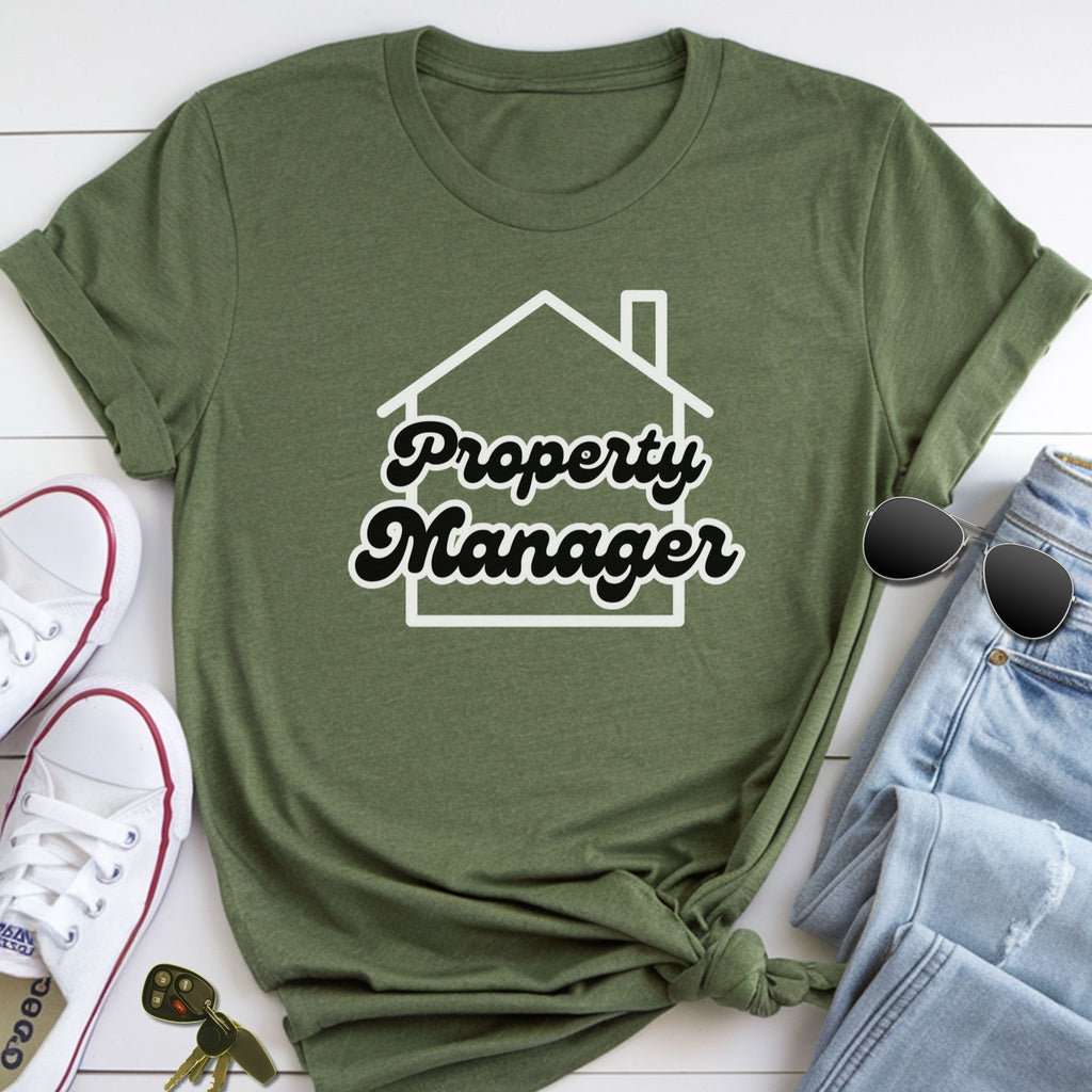 A green t-shirt with the text "Property Manager" printed on it, along with a pair of jeans and sunglasses, all laid out on a white surface.