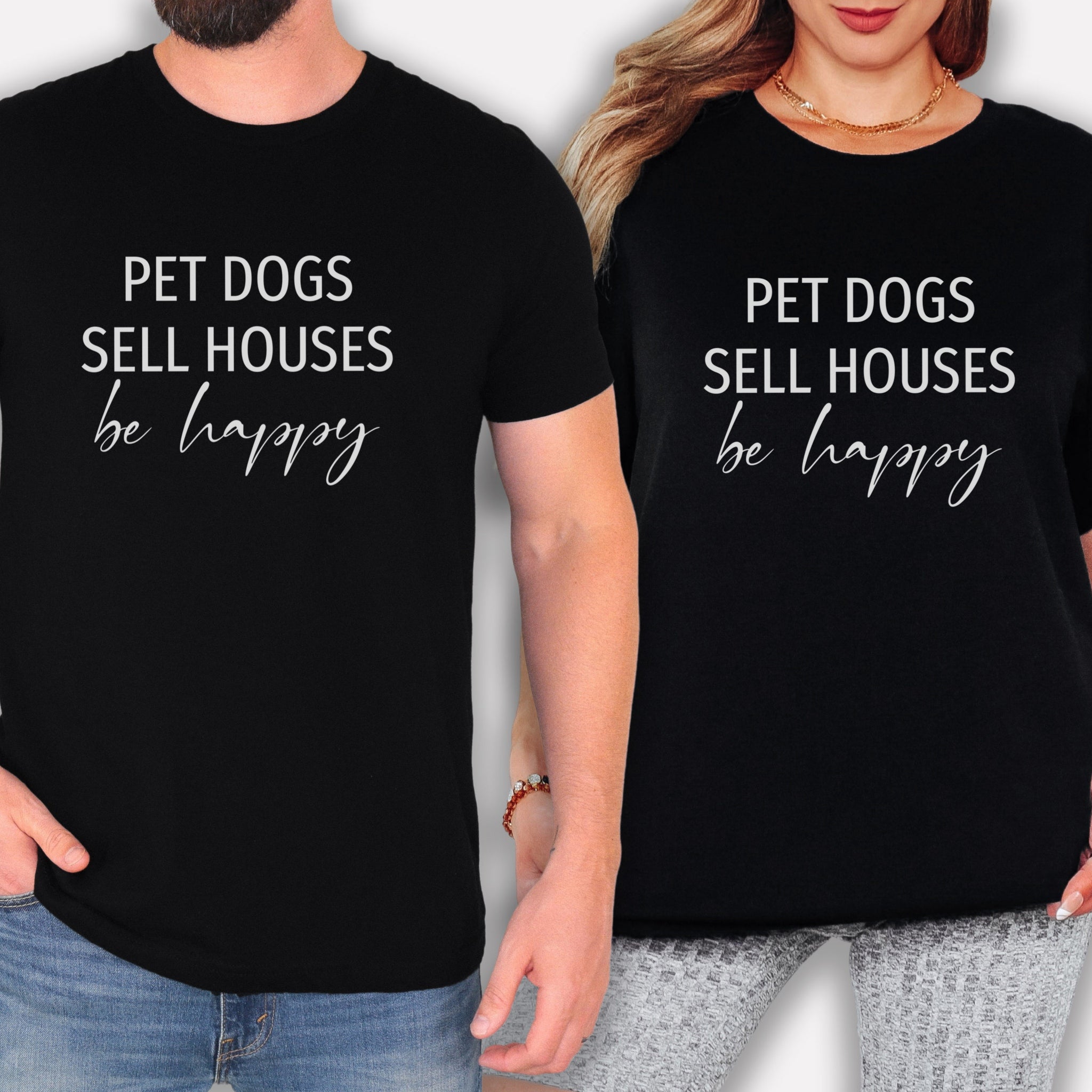A man and a woman wearing black t-shirts with the same text printed on them.