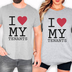 Two people wearing gray t-shirts with the text "I ♥ MY TENANTS" printed on them.