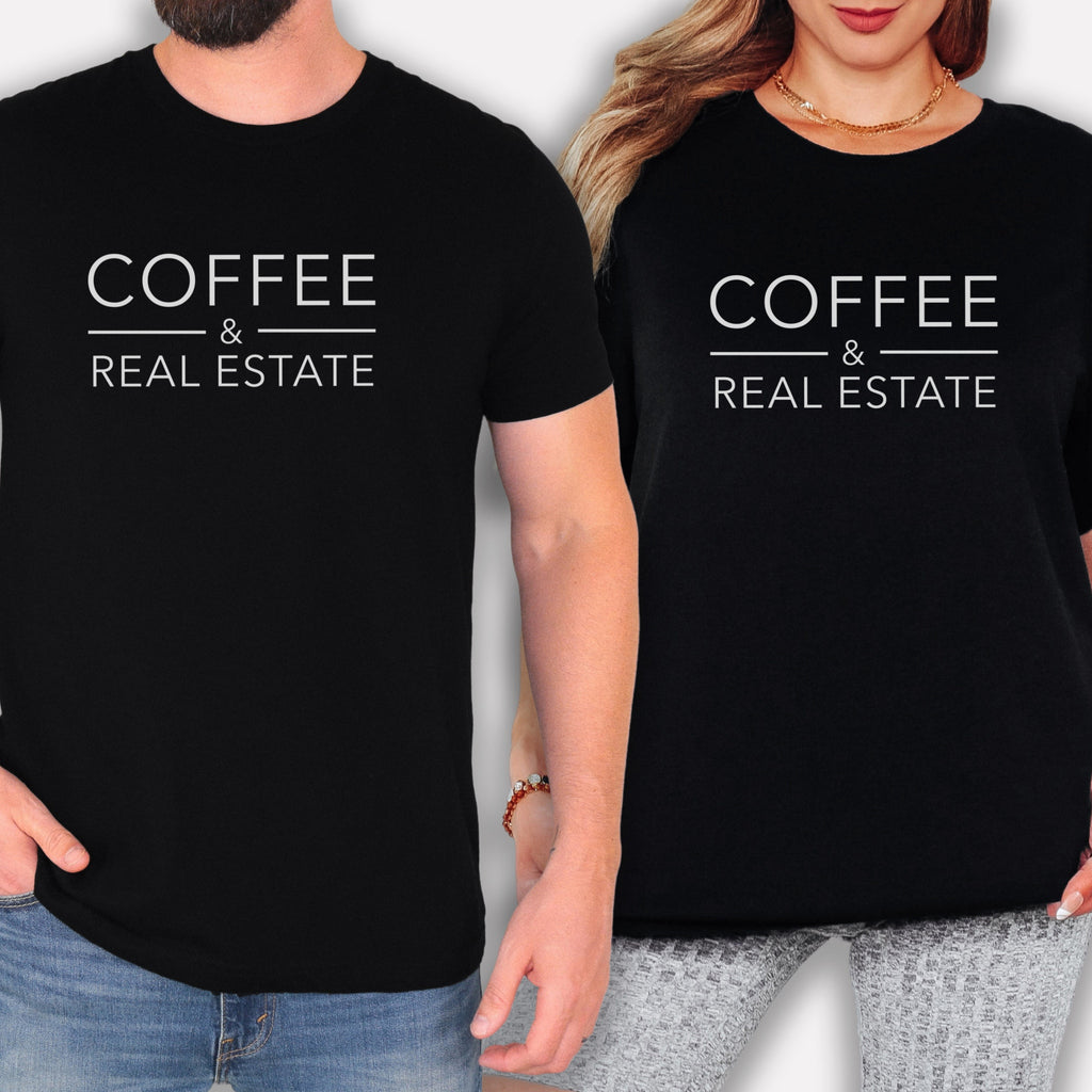 Two people wearing black t-shirts with the text "COFFEE & REAL ESTATE" printed on them.