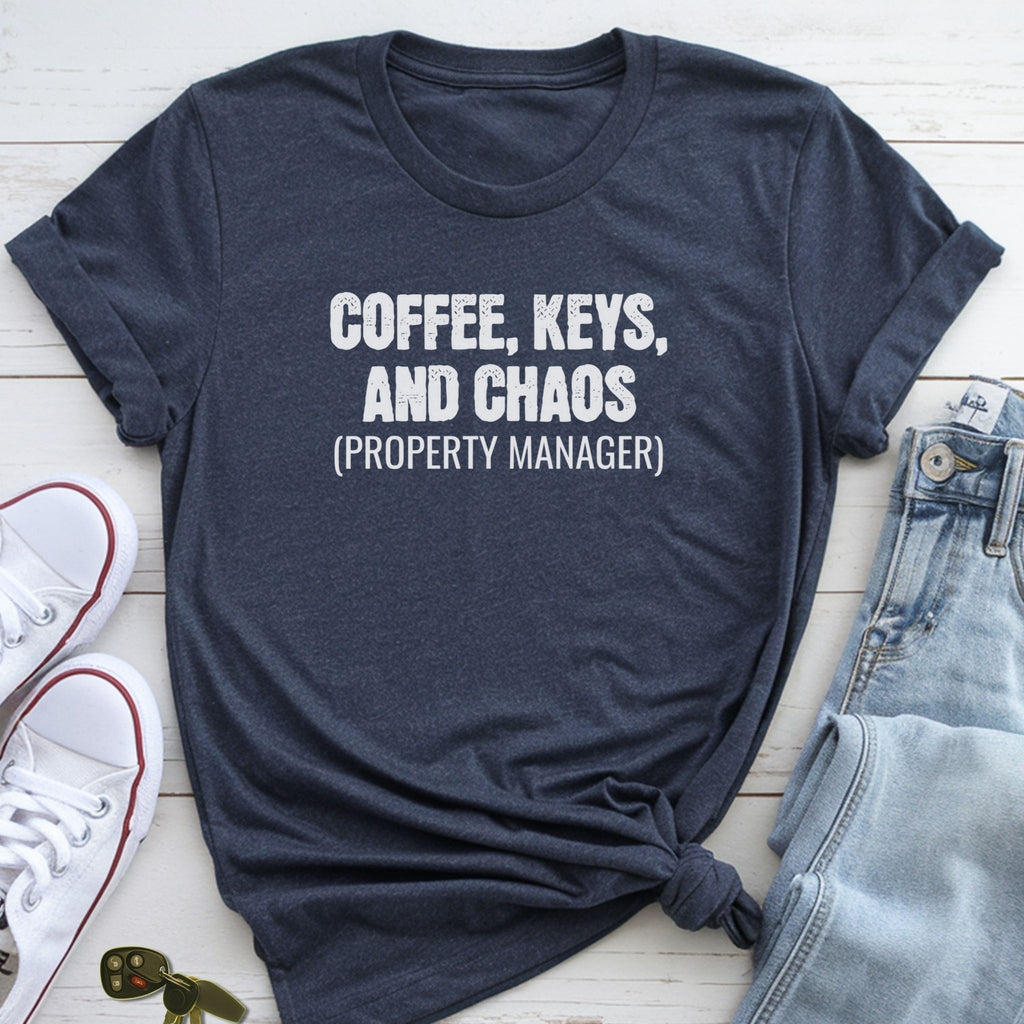 A navy blue t-shirt with the text "COFFEE, KEYS, AND CHAOS (PROPERTY MANAGER)" printed on it, along with a pair of jeans and white sneakers.