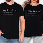 two people wearing black t-shirts with white text that defines a realtor in a humorous way.