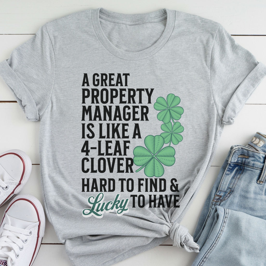 A gray t-shirt with a humorous text printed on it, along with a pair of jeans and white sneakers.