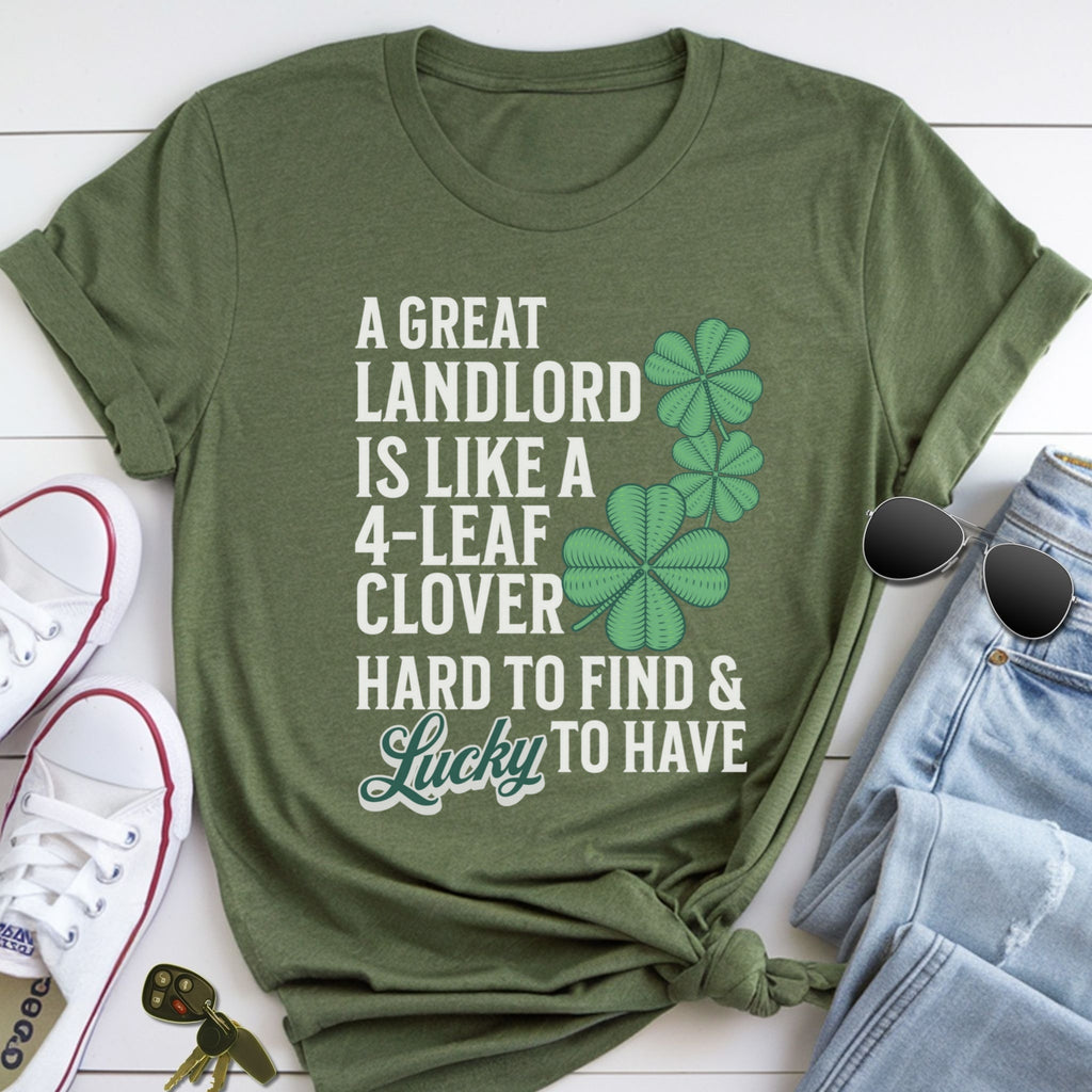 A green t-shirt with a humorous text and clover design, along with a pair of jeans, sunglasses, and a keychain.