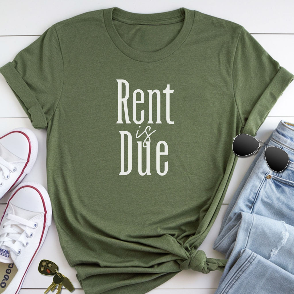 A green t-shirt with the text "Rent is Due" printed on it, along with a pair of sunglasses, a pair of sneakers, and a keychain.