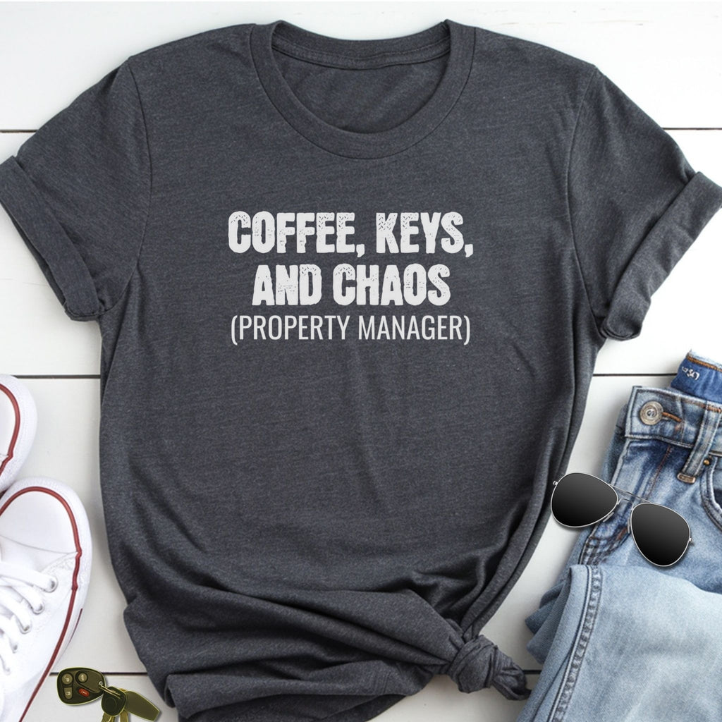 A gray t-shirt with the text "COFFEE, KEYS, AND CHAOS (PROPERTY MANAGER)" printed on it, along with a pair of jeans and sunglasses.