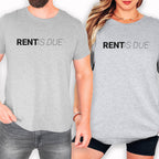 two people wearing gray t-shirts with the text "RENT IS DUE" printed on them.