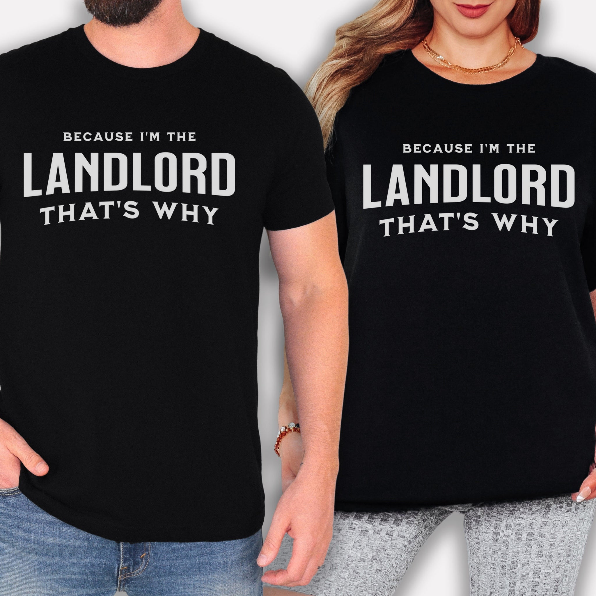 Two people wearing black t-shirts with the same text printed on them.