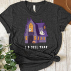 Dark gray heather t-shirt with Halloween-themed graphic and text 'I'd Sell That' on a wooden surface.